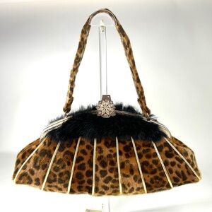 Vintage Rare 90s  Long  Faux Leopard Fur Clutch Shoulder Bag Gold Clasp #A41